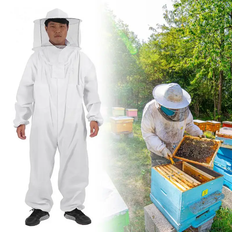 White Beekeeper Suit Comfortable Cotton Beekeeper Suit Full Body Protection Easy To Wear Apiculture Supplies Veil Hood beekeeping suit beekeeping clothing
