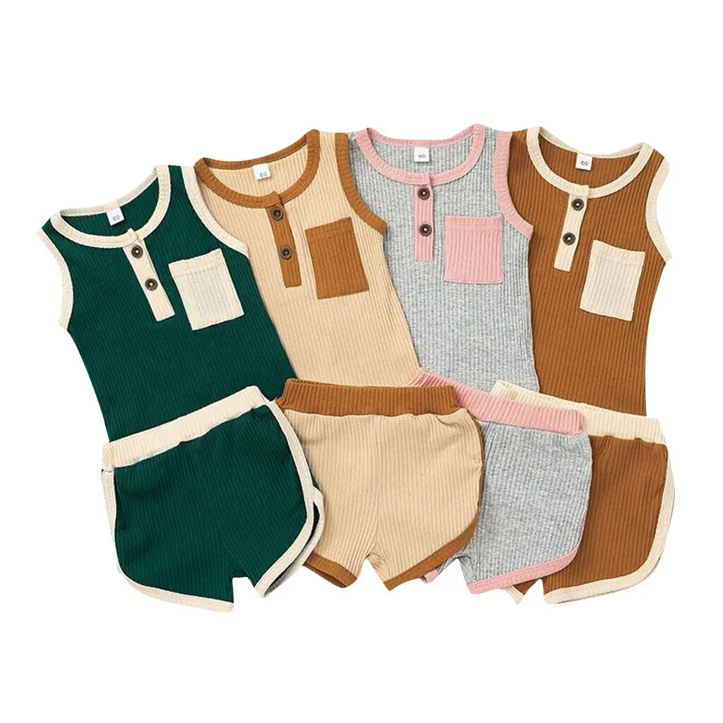 

2023 Newborn Baby girls Clothes 2-piece Outfit Set Sleeveless Solid Color Tops+Shorts Set for Kids Boys Girls Two Piece Suit
