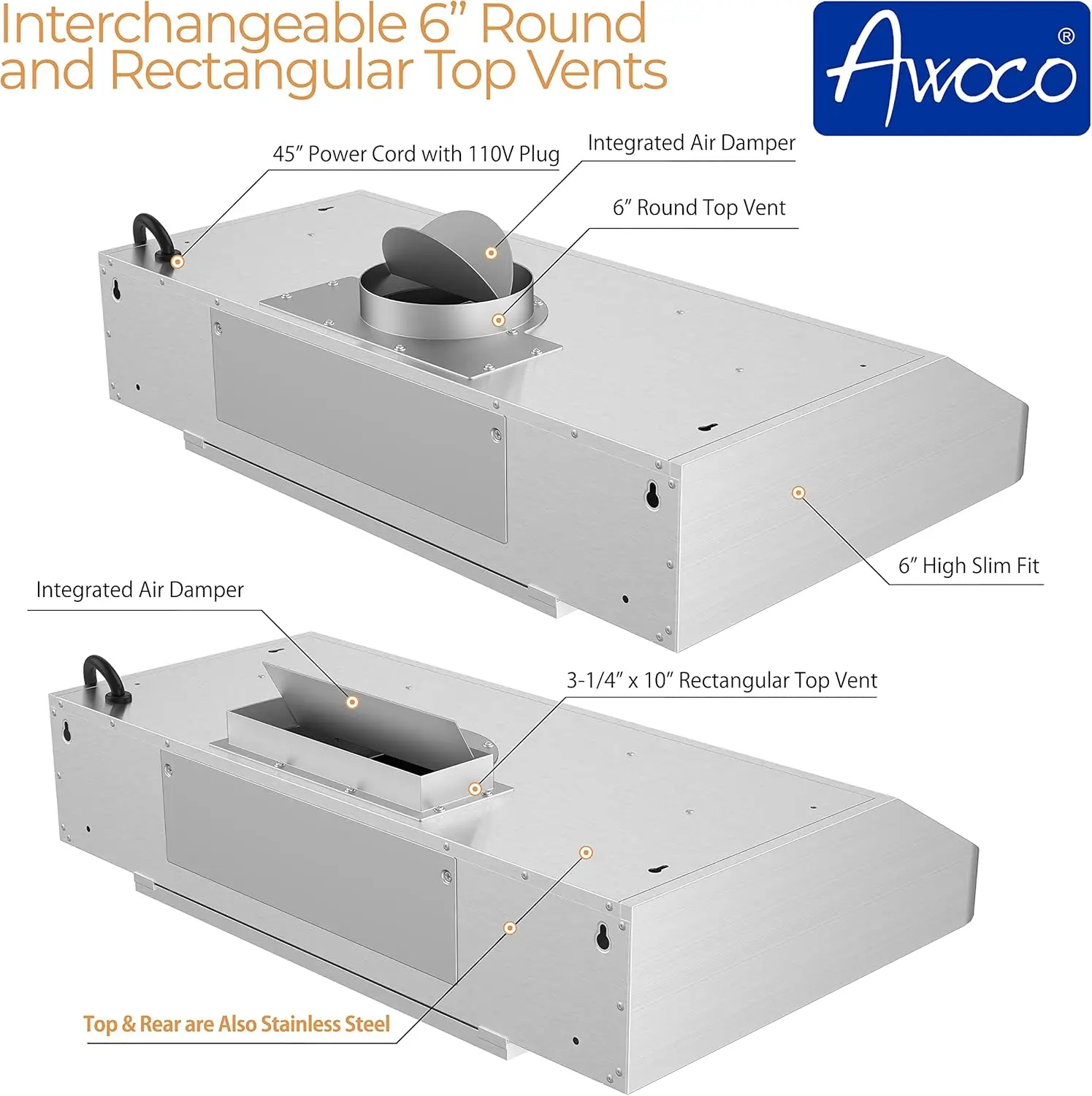Classic 6" High Stainless Steel Under Cabinet 4 Speeds 900CFM Range Hood with 2 LED Lights Top Vent (30"W Top Vent)