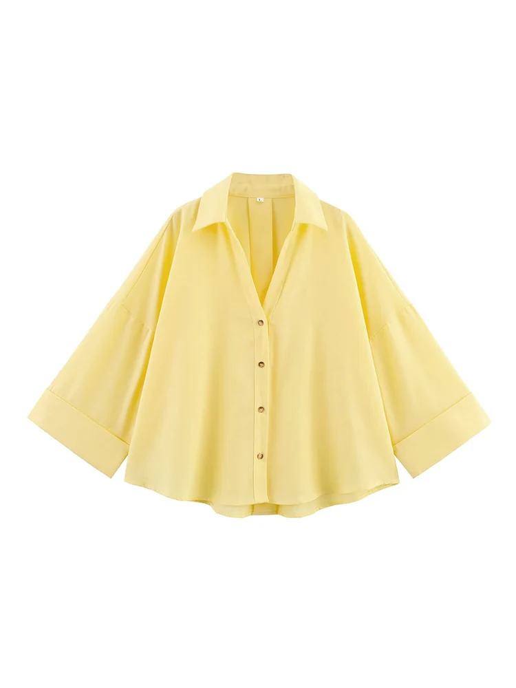 TFMLN New Women Casual Lapel Shirts Vintage Loose Long Sleeve Blouse V-neck Lady Oversized Tops Elegant Summer Chic Outfit