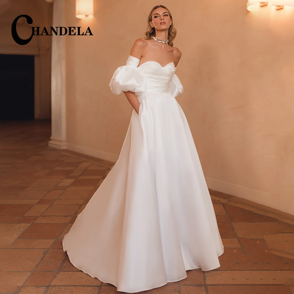 

CHANDELA Simple Puff Sleeves Wedding Dresses A Line Satin Sweetheart Backless Pleat Zipper Vestidos De Novia Made To Order