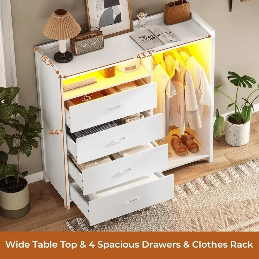 Children's Wardrobes, White Dresser for Bedroom with Clothing Rack, Dressers& Chests of Drawers,4 Drawer Dresser with LED Lights 6
