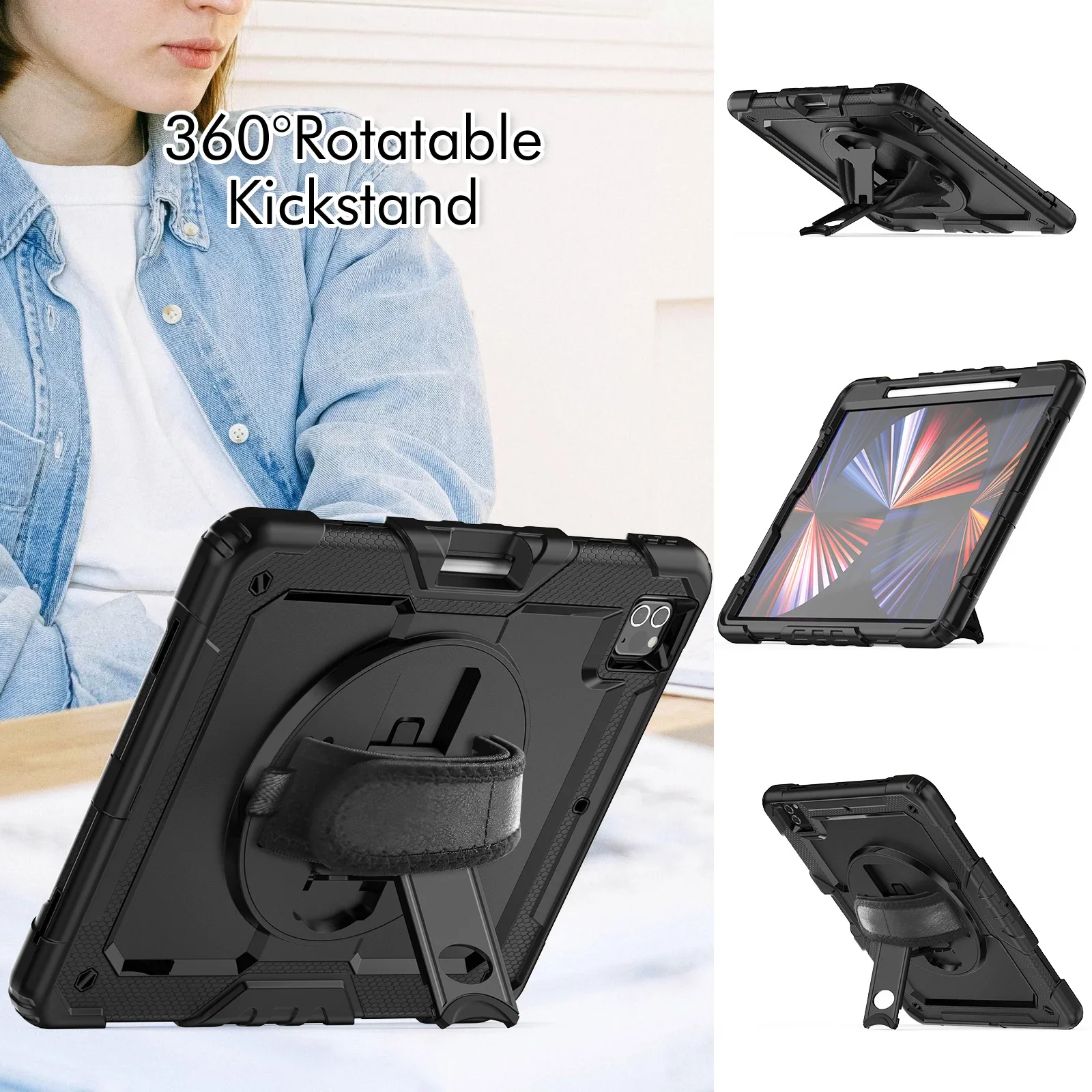 충격 방지 스탠드 태블릿 커버, iPad Pro 11 12.9 인치 M2 2022 2021 2020 케이스, iPad Air 4 5 10.9 10 세대 케이스, PET 스크린 및 스트랩