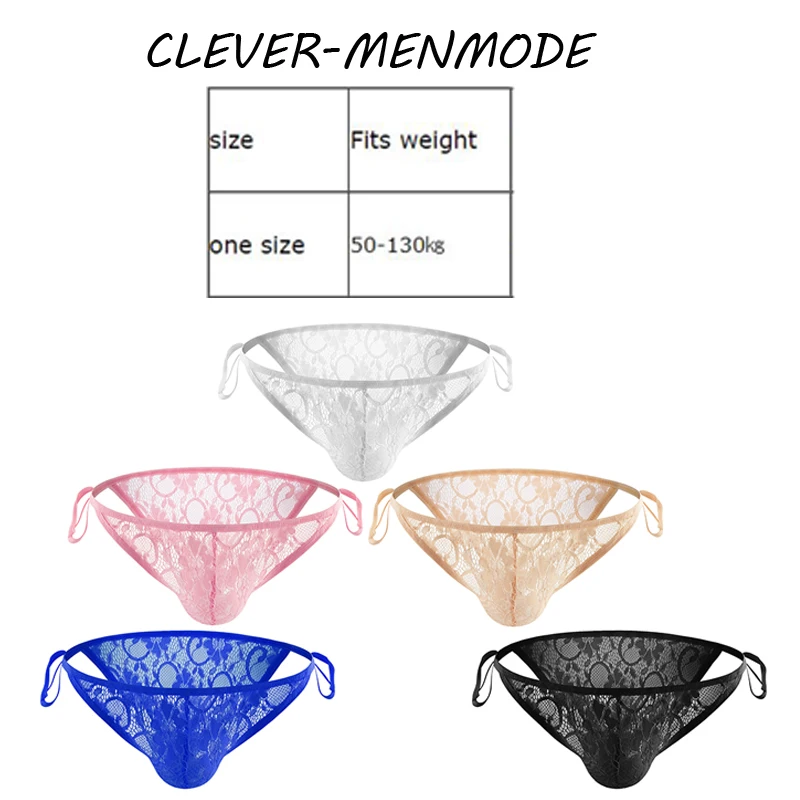 CLEVER-MENMODE Men's Sexy Lace Briefs Exotic Crossdress Lingerie See Through Adjustable Underwear Breathable Side Tie Panties mens underwear