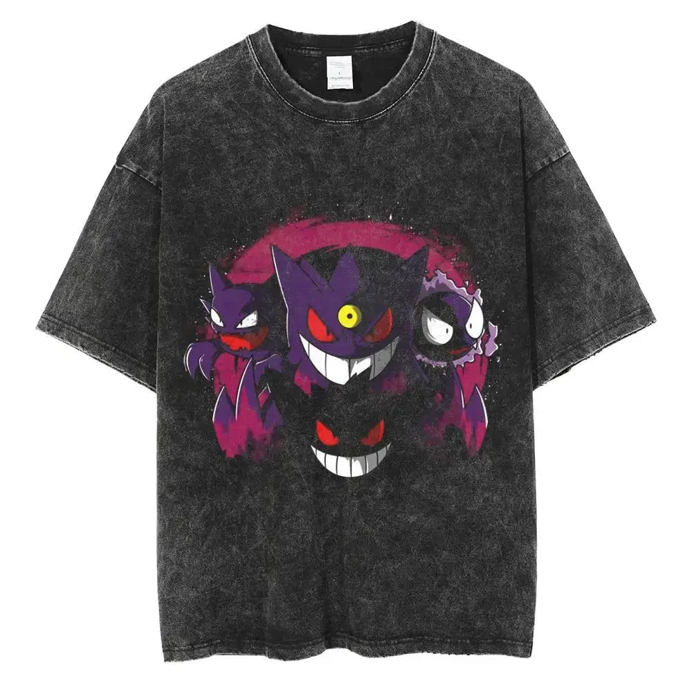 

Vintage Washed Tshirts Pokemon Gengar T-Shirt Anime Streetwear 100% Cotton Casual Hip Hop T Shirt For Men Summer Women Tops Tee