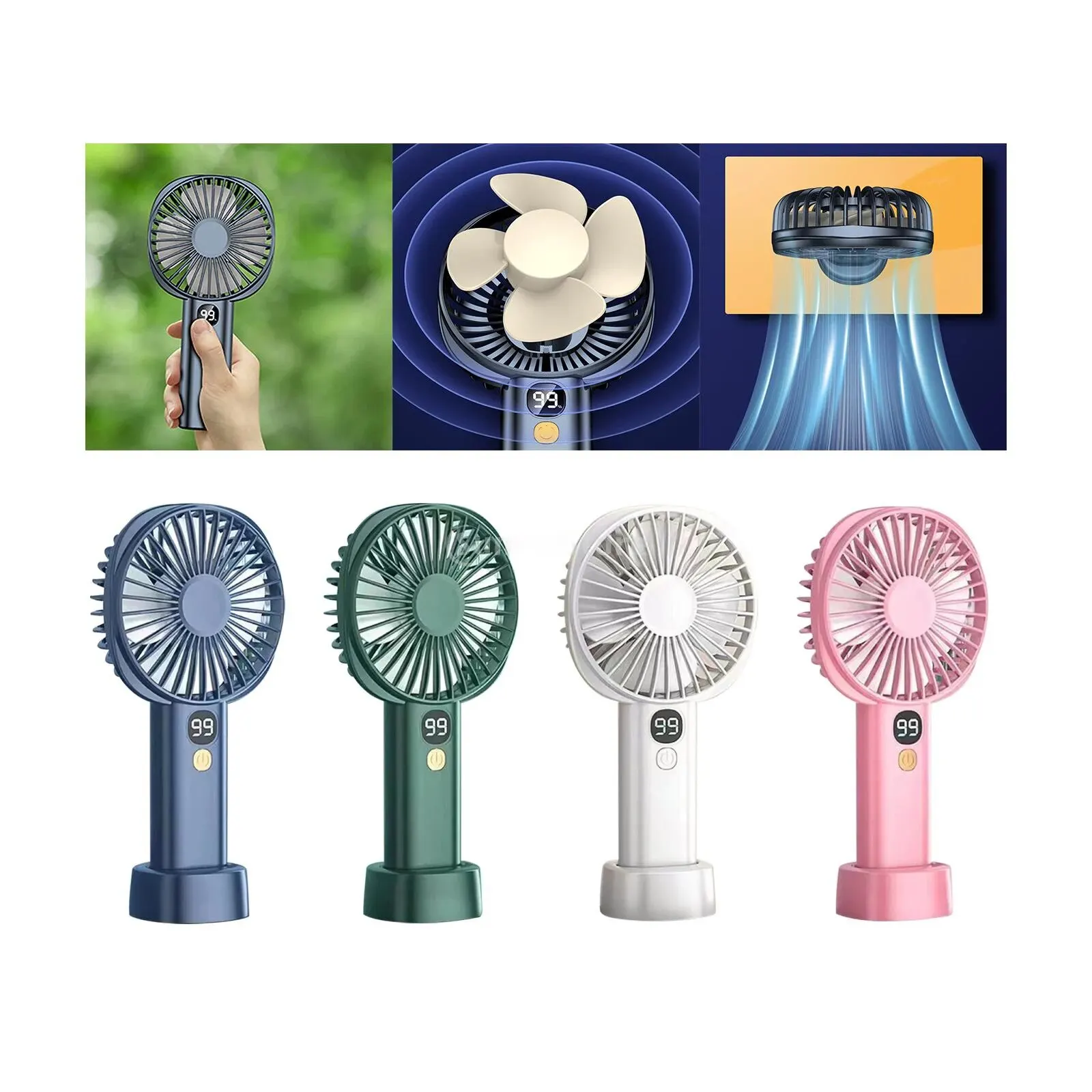 Mini Strong Wind Handheld Fan Digital Display Mini Desktop Air Cooler Fan USB Rechargeable 5 Speed Durable