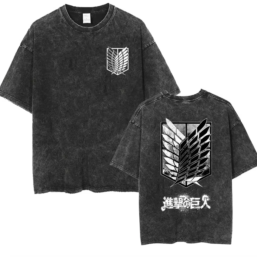 Anime Attack Titan Retro Wash Bedrucktes T-Shirt Mikasa Ackerman Eren Jaeger Free Wings Pattern Herren Sommer-T-Shirt – Detail 7