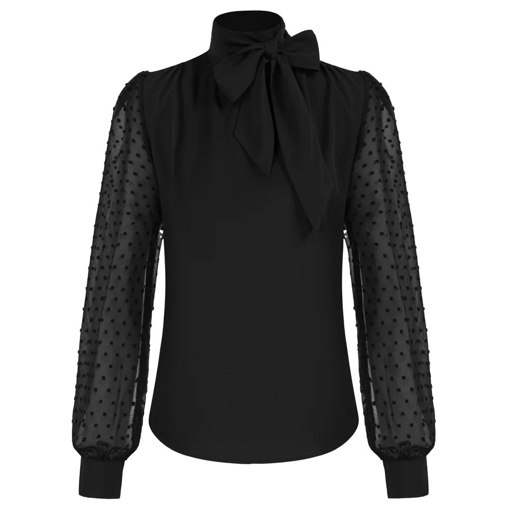 

Belle Poque Women's Elegant Bow Tie Neck Long Sleeve Work Office Blouses Tops Sash Decorated Long Sleeve Keyhole Back Tops A20