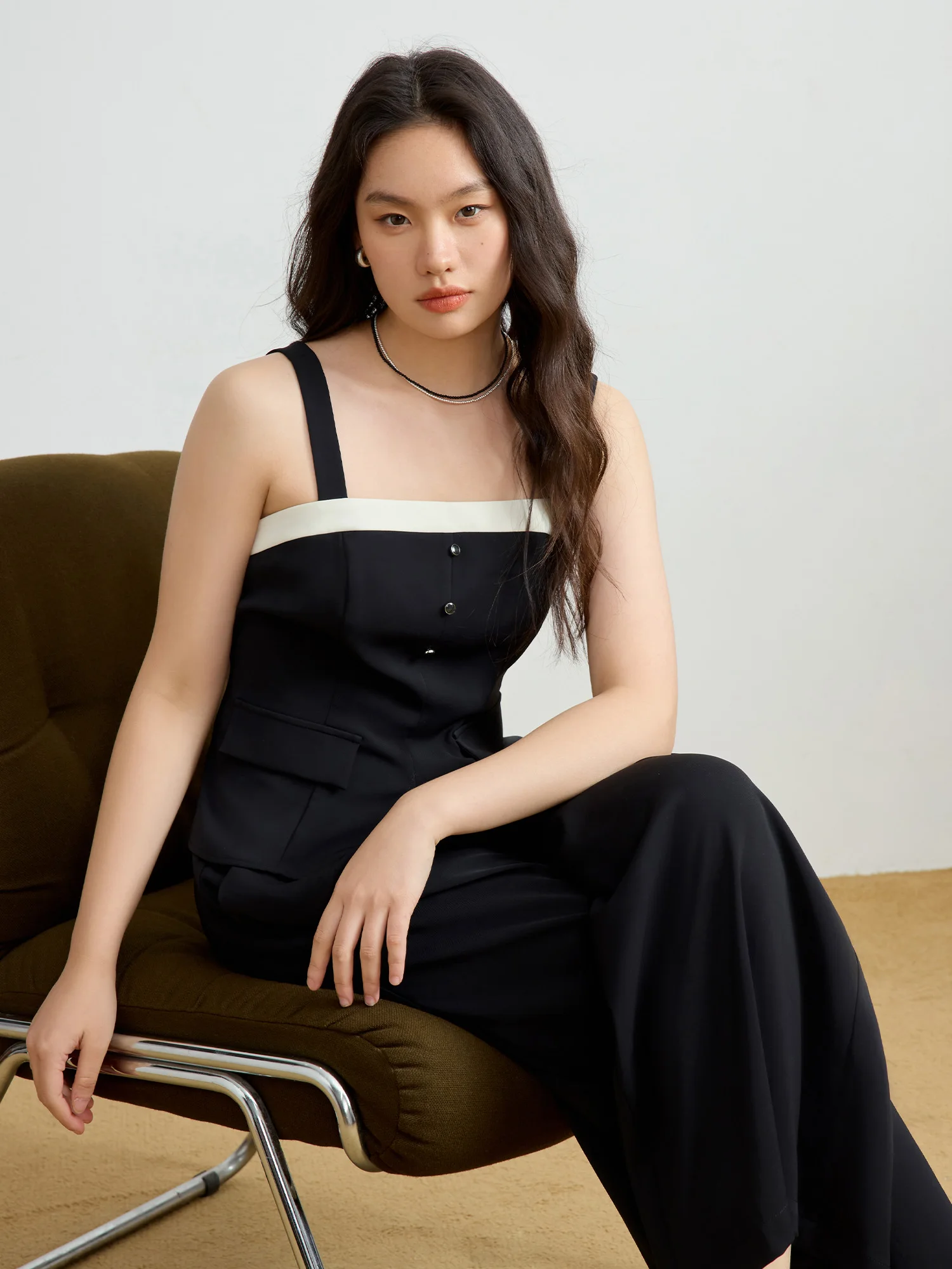 Description Picture 4 of itemDUSHU Women Vest Coat Long Trouser Sets 2025 Spring New Commuter Female Strappy Tops Back Elastic Waist Pant 25DS81158+25DS81247