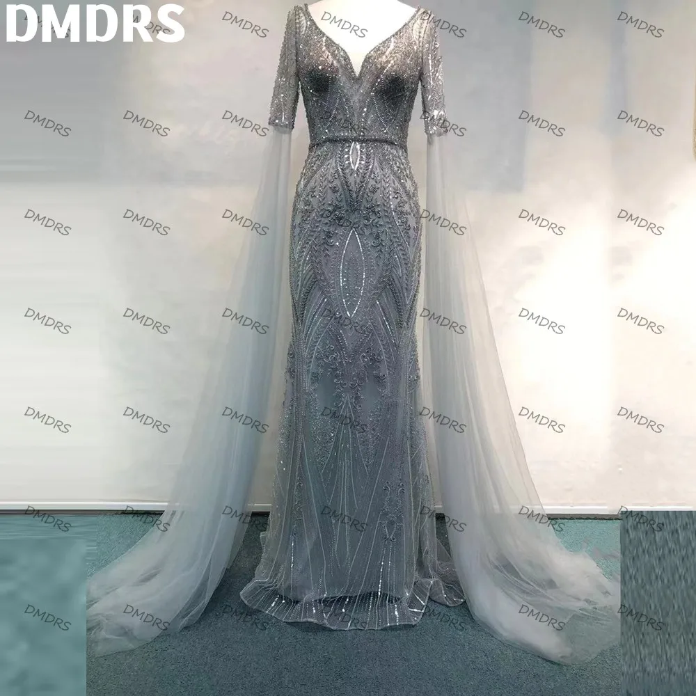 

Bling Gray Mermaid Arabic Evening Dress with Full Sleeves Luxury Dubai Formal Dresses for Women V-Neck Wedding Party