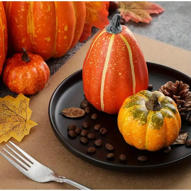 7pcs Halloween Artificial Pumpkin Set – Orange Foam Pumpkins for Outdoor & Indoor Table, Porch, and Fall Festival Decoration 5