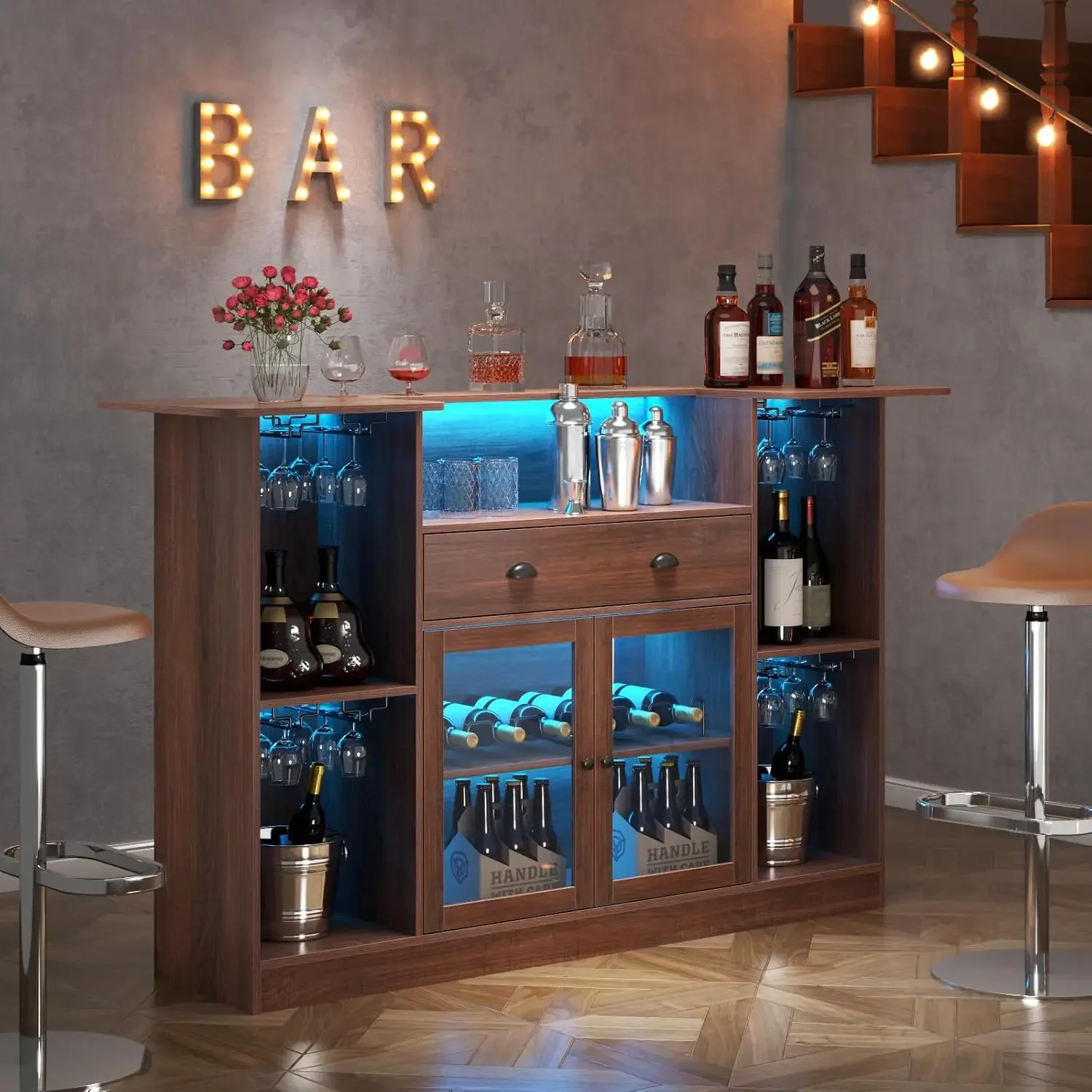 Mini Liquor Bar Cabinet, with LED & Drawer,Wine Alcohol Bar Stand with Glass, 8-Tier Storage & Stemware Holder
