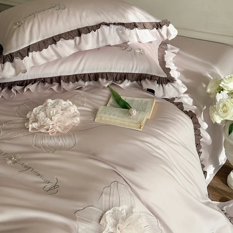 Three-dimensional Handmade Lace Flower Embroidery Lyocell Cotton Bedding Set Duvet Cover Bed Sheet/Fitted Sheet Pillowcases 4Pcs