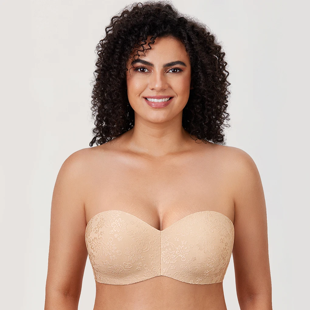 Women's Floral Jacquard Non-padded Underwire Minimizer Multi Way Strapless Bra Plus Size Underwear A- DD E F G