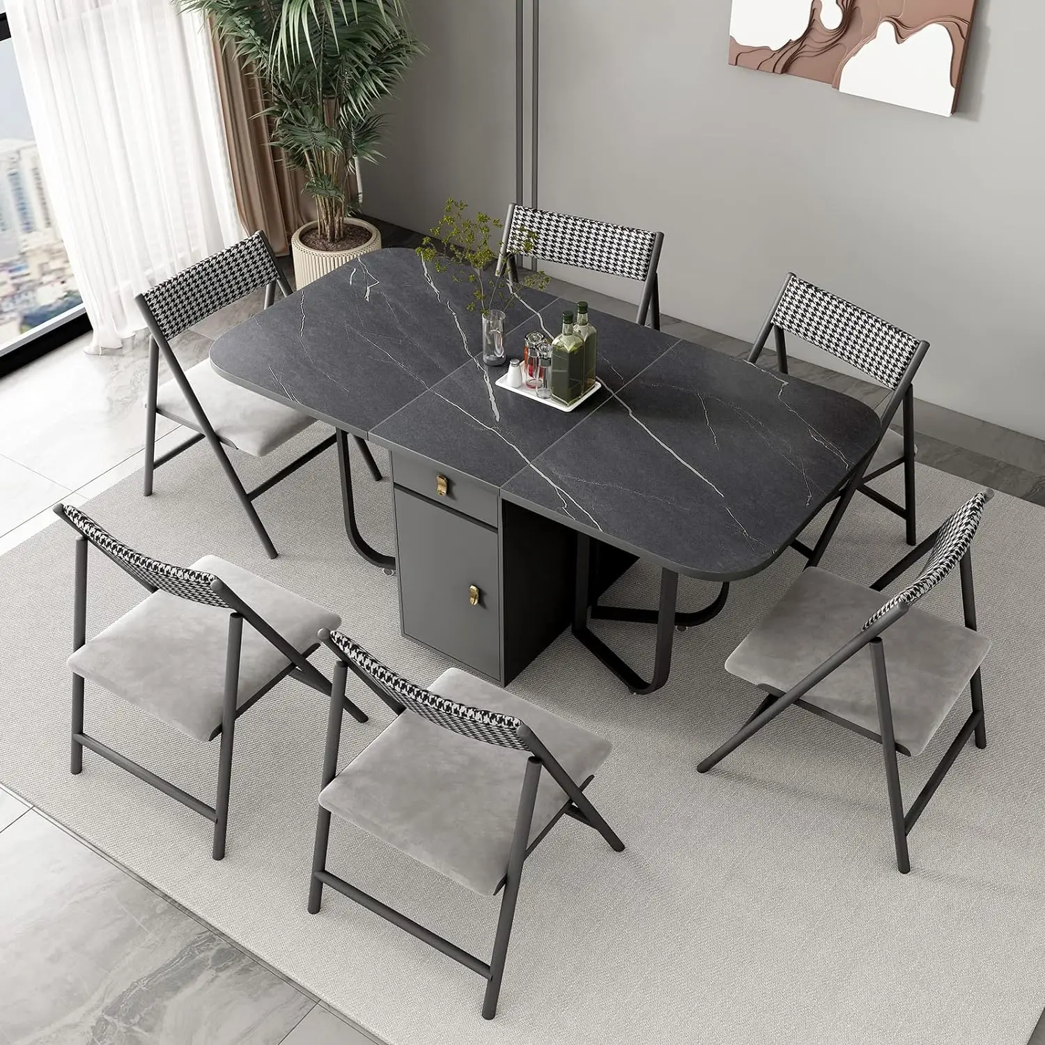

Folding Dining Table with Storage Rack and 2 Drawers, Space Saving Dining Table with 4 Support Legs (Dark Grey)