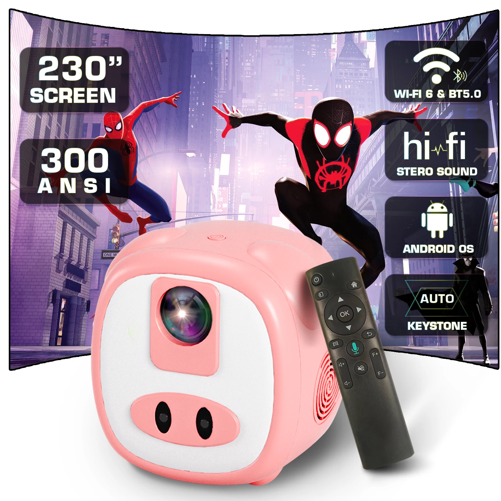 4K Android Mini Video Projector with Wifi Bluetooth, 300ANSI Portable ...
