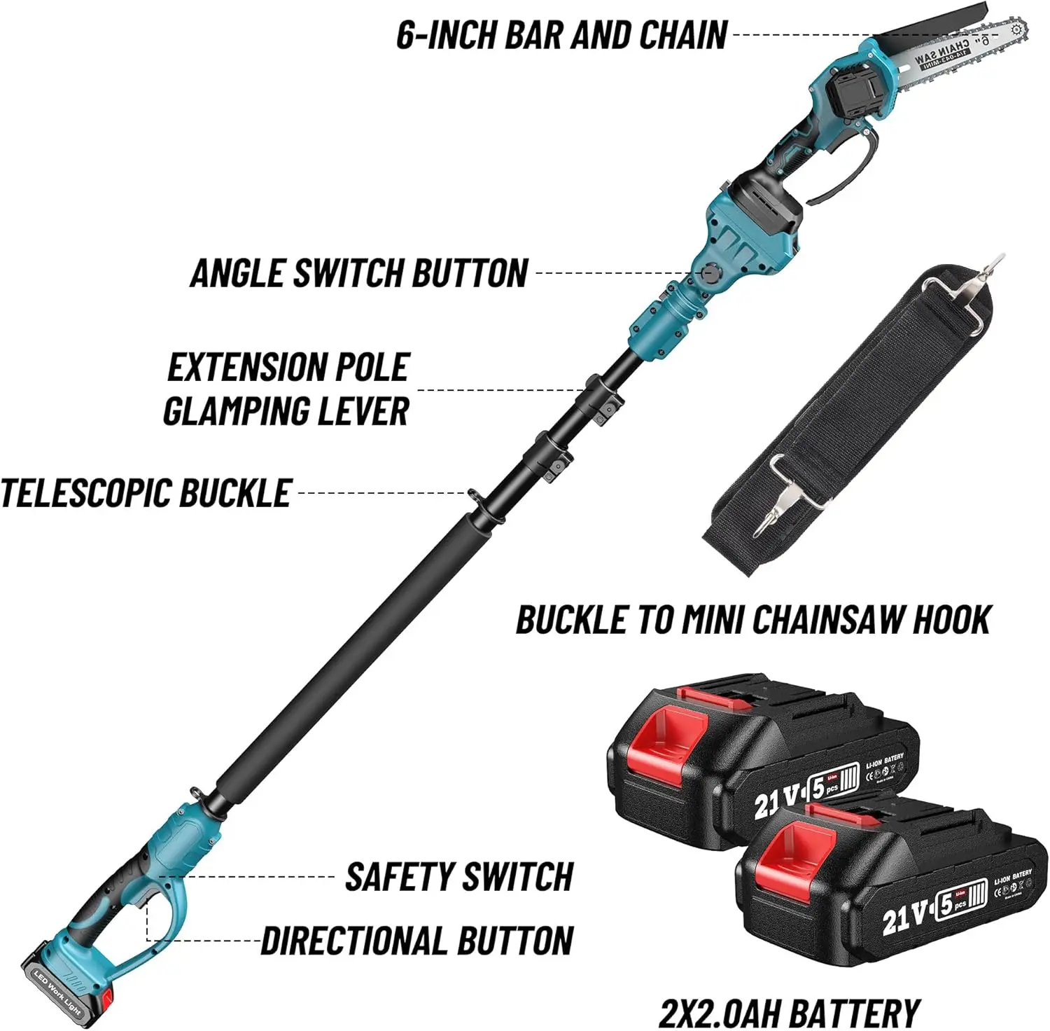 2-IN-1 Cordless Pole Saw & Mini Chainsaw 6-inch Brushless Chain Saw with 2x 2.0Ah Battery 15.5-Foot MAX Reach Pole