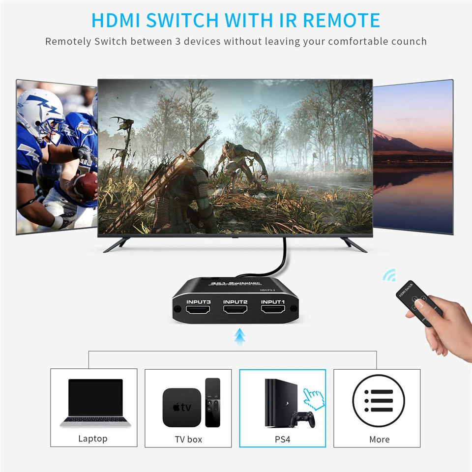 4K HDTV Splitter 3 In 1 Out 3-Port HD Switcher Selector HD Cable Supports Full H