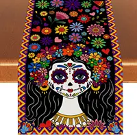 Mexican Day of The Dead Sugar Skull Linen Table Runners Dresser Scarf Decor Washable Dining Table Runners Party Decorations 1
