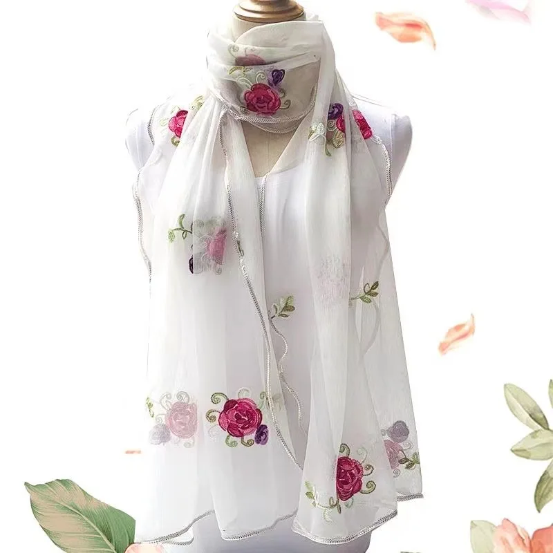 Spitzenschal für Damen, leicht, Hijab, elegant, 2024, bedruckt, Seide, Blumenmuster, Schal, Wickel, Stirnband, Griff, Haarschmuck, Bandana – Detail 7