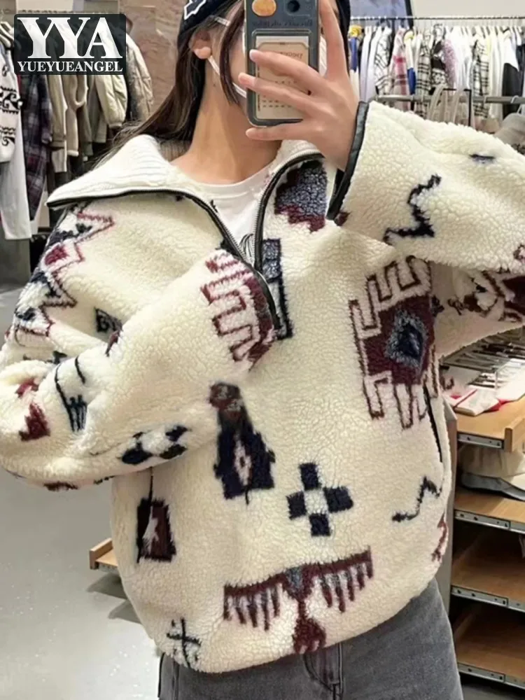 

Autumn Women Kawaii Printed Loose Fit Pullover Jacket Zipper Lapel Collar Fleece Coat Casual Streetwear Tops Oversized Jackets