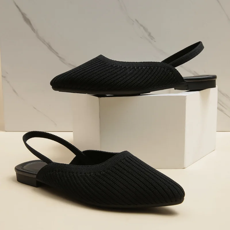 Breathable Woven Fabric Sandals Woman Slingback Rear Strap Shoes Ladies Burgundy Flats Slippers 3D Stretch Polyester Loafer