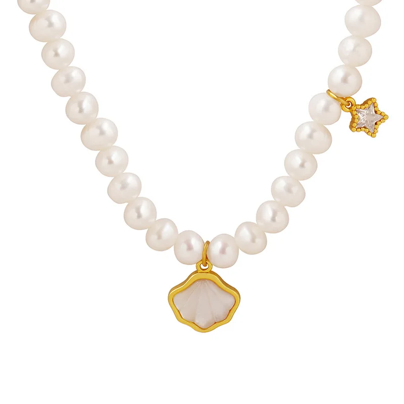 

Natural Seashells Paired with Freshwater Pearl Necklaces Multi Material Splicing CZ Star Retro Women Neck Accessories