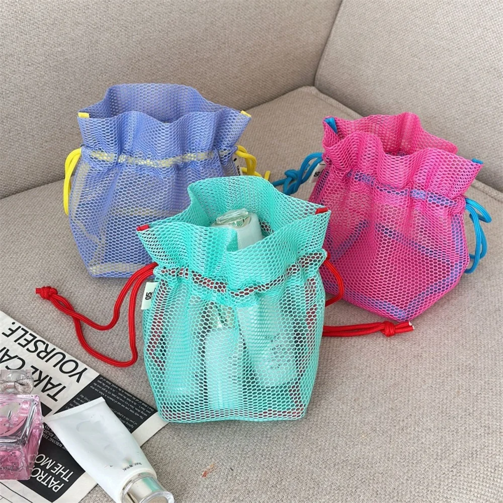 Portable Mesh Drawstring Storage Bag Hollow Large Capacity Makeup Storage Bag Women Men Multifunctional Travel Toiletry Pouch
