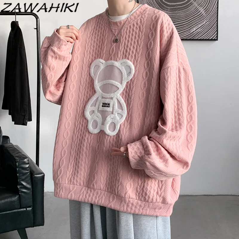

Pink O-neck Spring Autumn Loose Oversize Fashion Sweatshirt All Match Lovers Long Sleeve Cartoon Graphic Patch Casual Tops