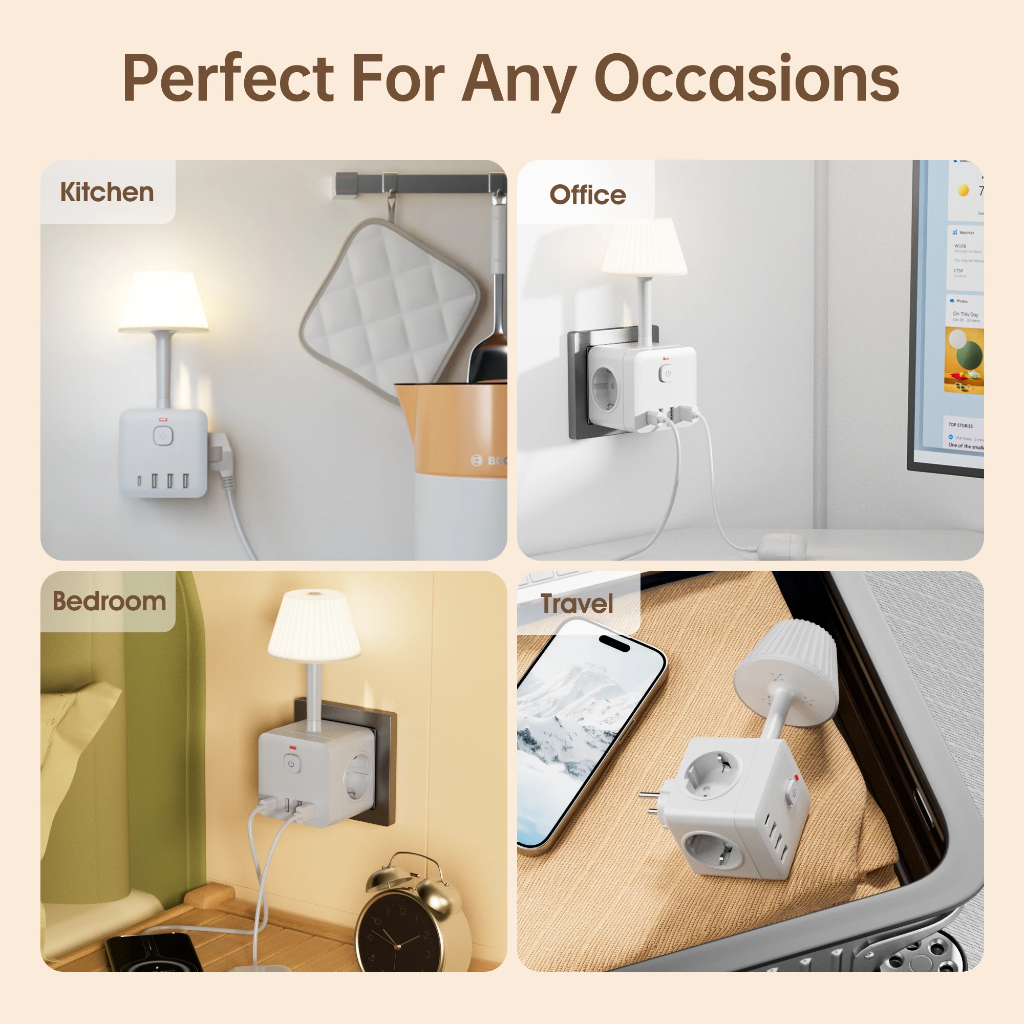 8-in-1 Power Cube with Desk Lamp, 3 AC outlets Extender, 4 USB ports (1 USB C), night office work lamp, dormitory writing night