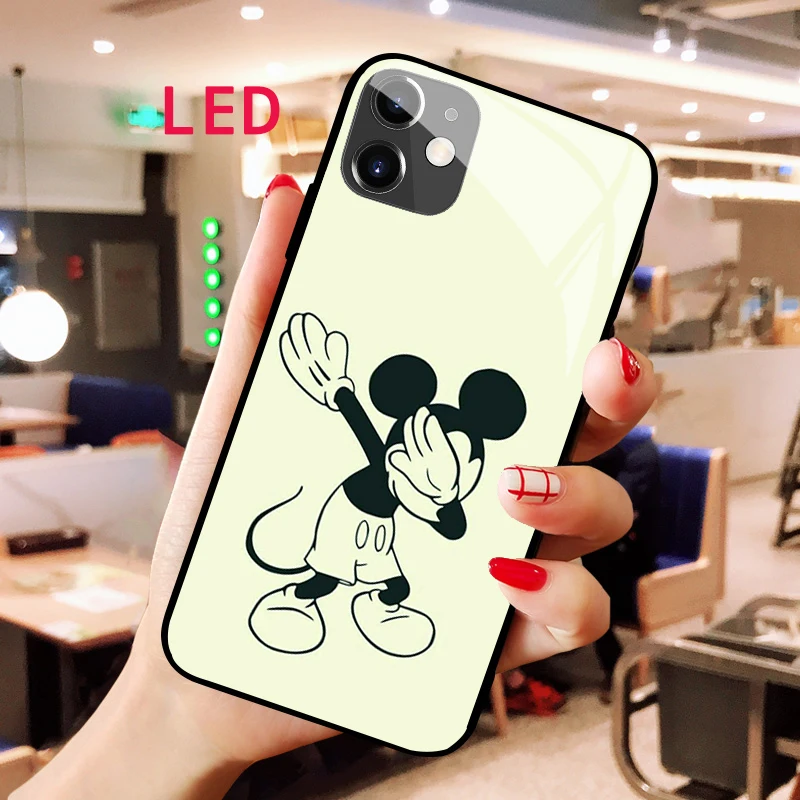 

Luminous Tempered Glass phone case For Apple iphone 12 11 Pro Max XS Mickey Kawaii Acoustic Control Protect LED Backlight cover