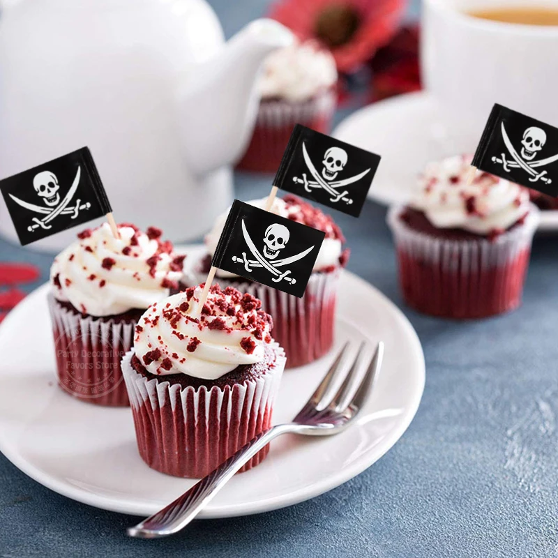 Piraten flagge Zahnstocher Cupcake Topper für Kinder Jungen Piraten Thema Geburtstags feier Kuchen Dekor aiton Halloween Cocktail Pick Lieferungen – Detail 1