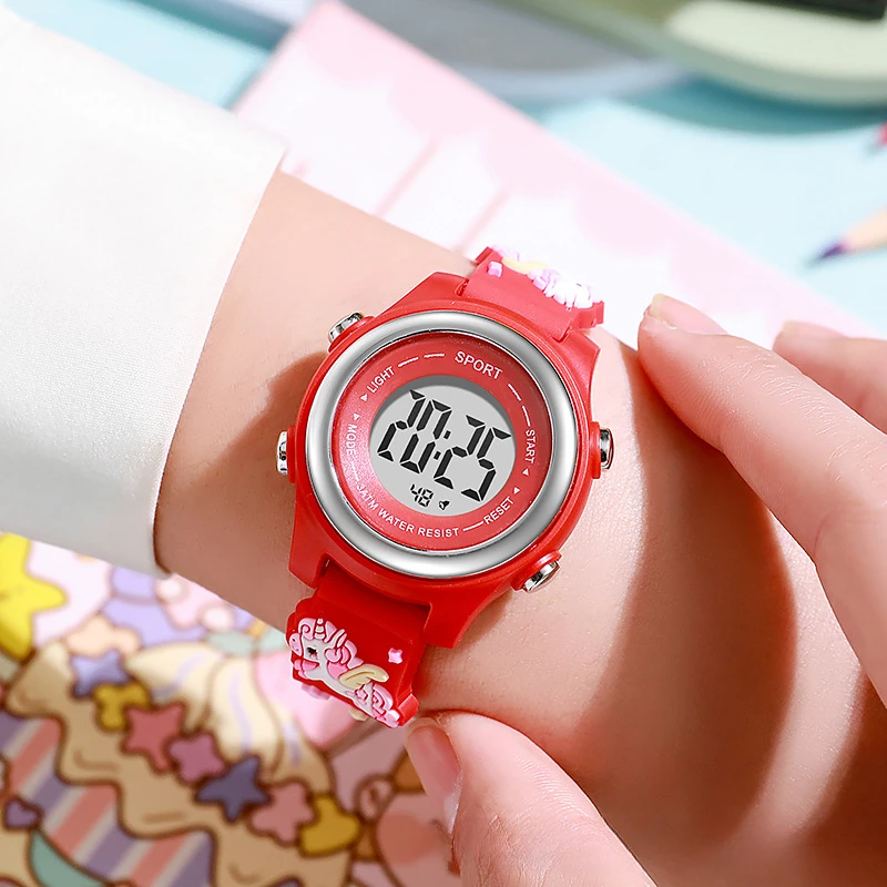 Multi functional electronic watch with colorful night light silicone children's sports watch with alarm clock cartoon unicorn st