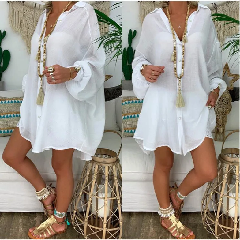 Women Cotton Linen Summer Beachwear Dress