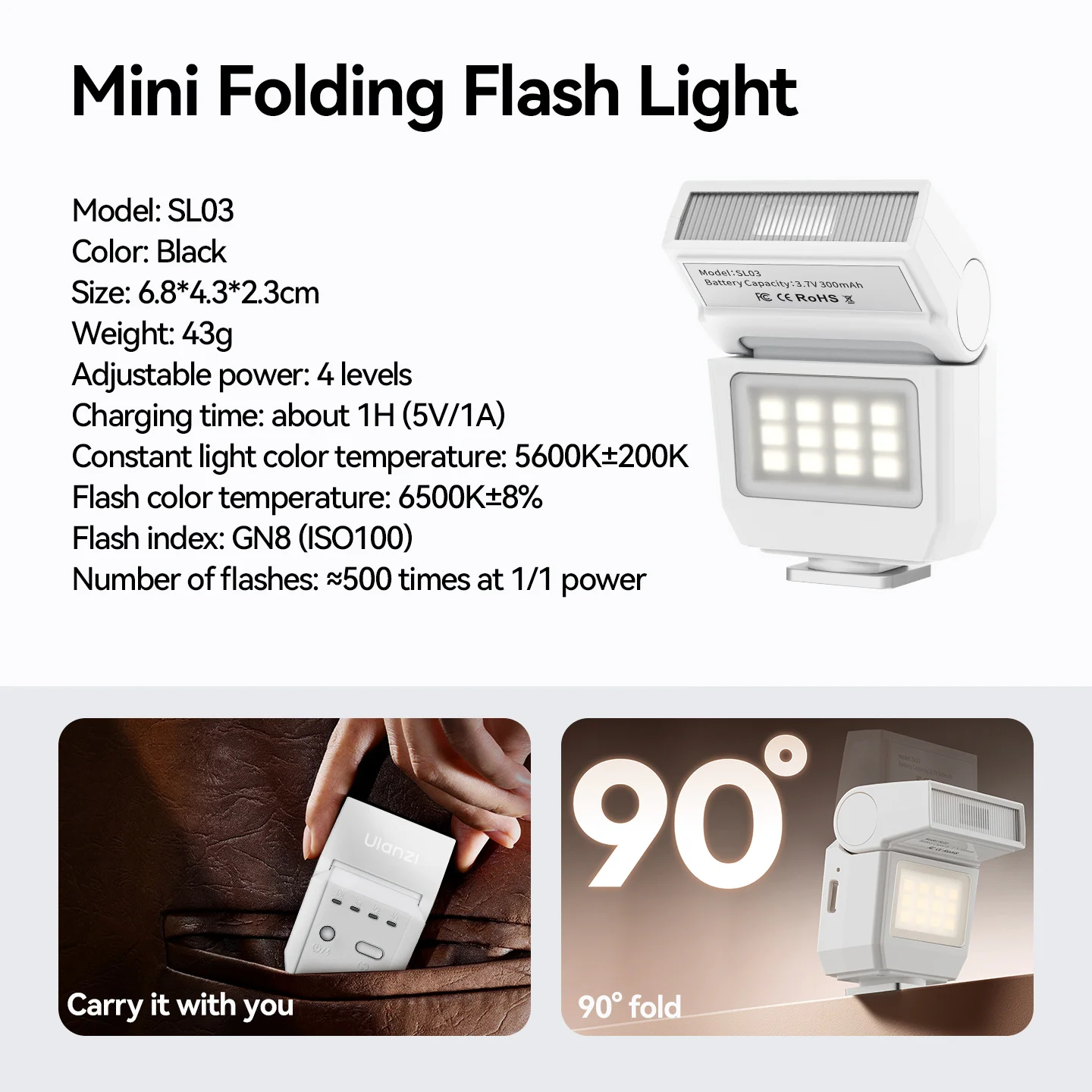 Ulanzi SL03ミニカメラフラッシュスピードライト Canon R5、Fuji X-T30/X-T5、Sony ZV-E10、Nikon、Panasonic、Olympus、Pentax、その他ほとんどの一眼レフカメラ対応