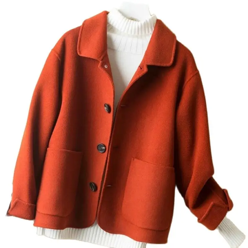 

2022 Autumn Winter New Upscale Double Sided 100% Pure Wool Coat Female Loose Short Cashmere Woolen Outside Take Women's Jacket