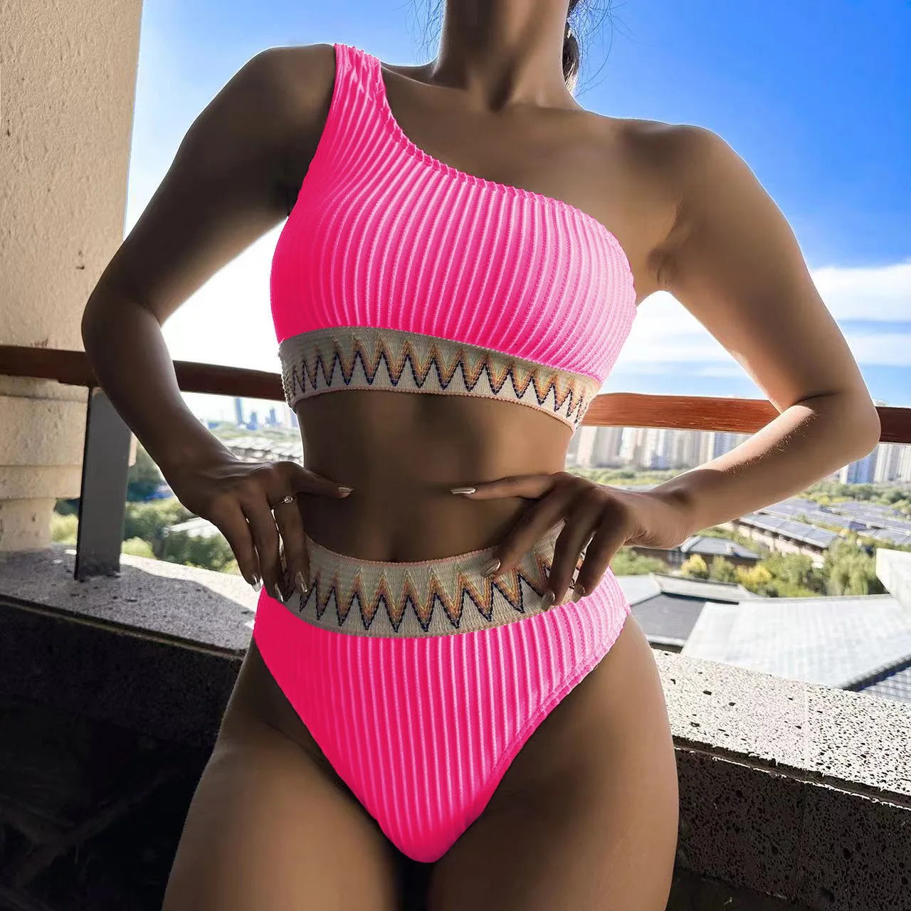 Sexy One Shoulder High Waist Bikinis 2024 Textured Swimwear Woman Bathing Suits Brazilian Bikini Two-piece Swimsuit Women Outfit