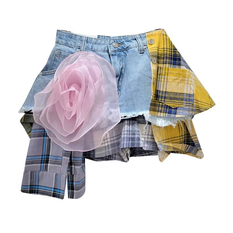 Three-Dimensional Flower Stitching Irregular Skirt for Women Blue and Yellow Plaid High Waist Denim Shorts Streetwear Faldas the blue flower