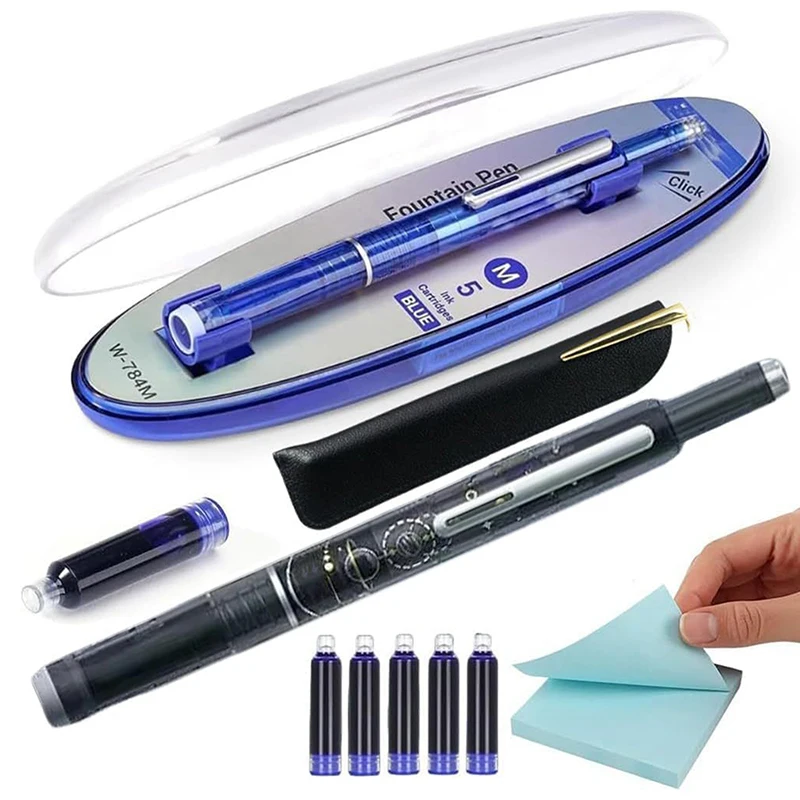1SET Press Fountain Pen Retractable 0.38mm Ink Nib Transparent Barrel ...