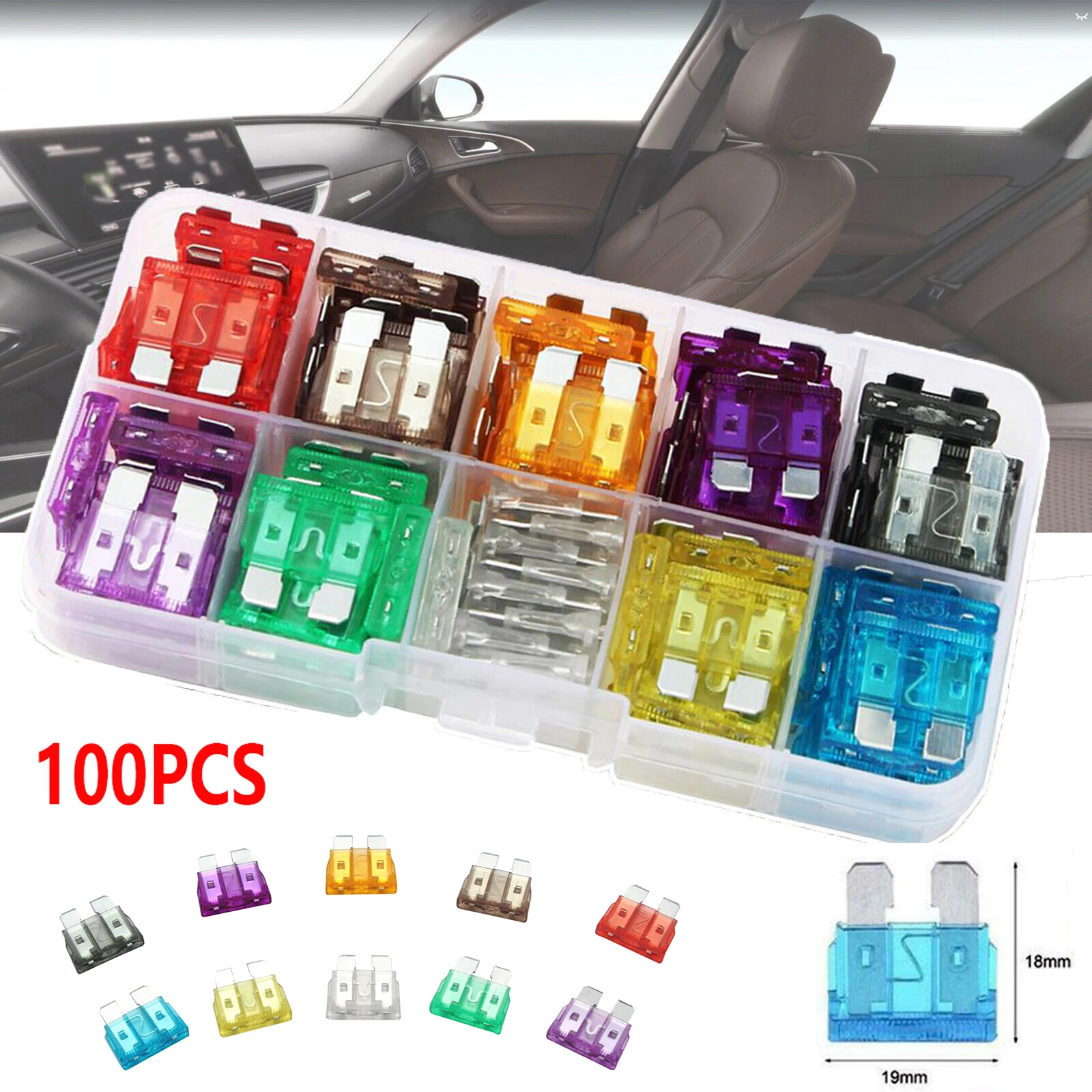 

100Pcs/Set Small Fuse Kit Auto Automotive Car Boat Truck Blade Fuse Box Assortment Set 2A 3A 5A 7.5A 10A 15A 20A 25A 30A 35A