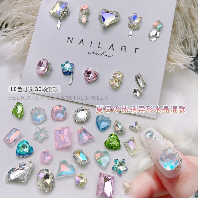 30PCS 반짝이 믹스 모양 얼음 반투명 화려한 크리스탈 샤프 다이아몬드 네일 아트 라인 석 쥬얼리 장식 매니큐어 보석
