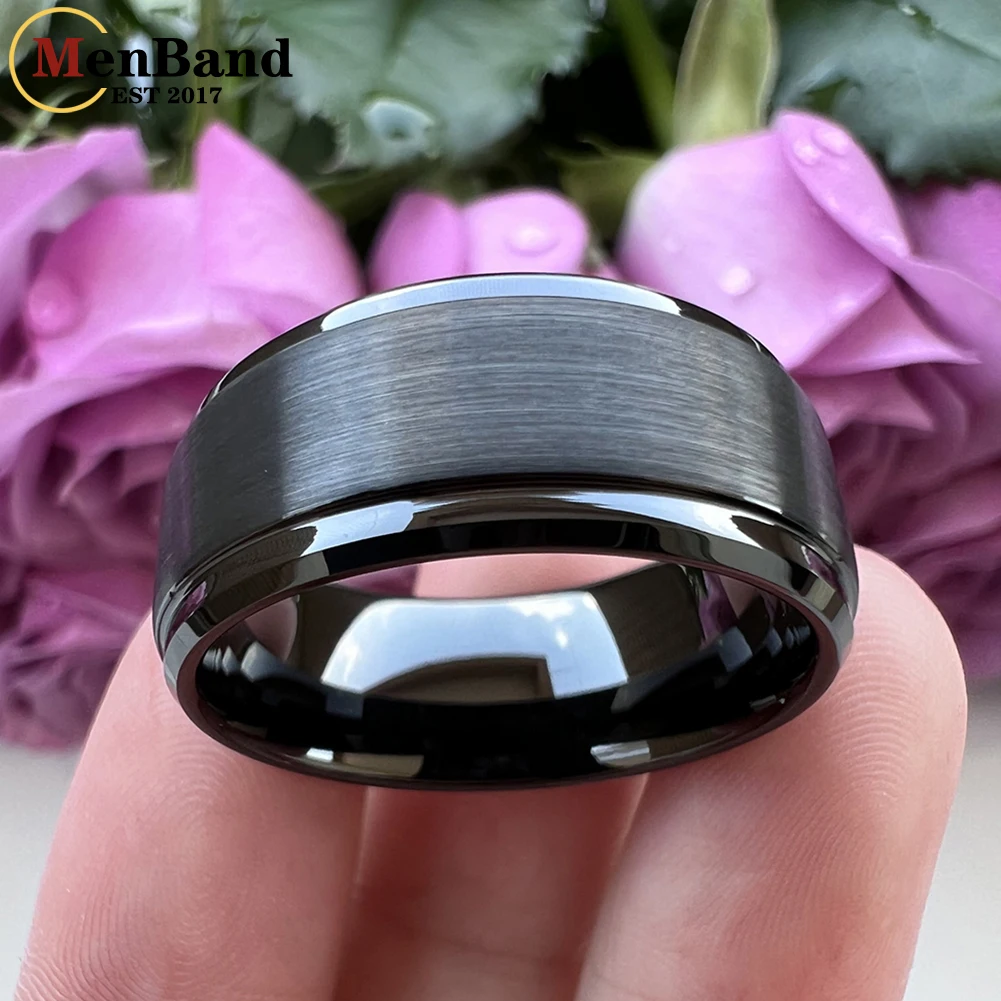 MenBand Large Mens 10MM With Stepped Bevel Edges And Flat Brushed Finish Tungsten Carbide Wedding Ring Comfort Fit Size 7-15