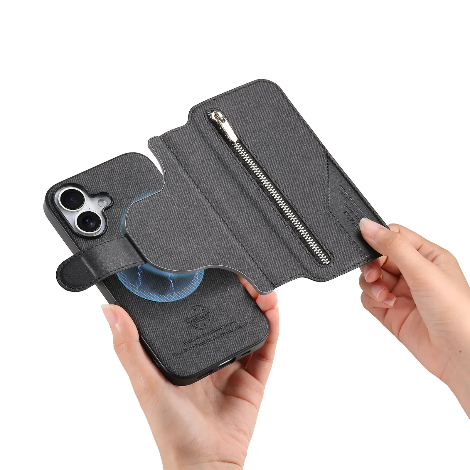 2-in-1 Wireless Charging Zipper Leather Flip Phone Case