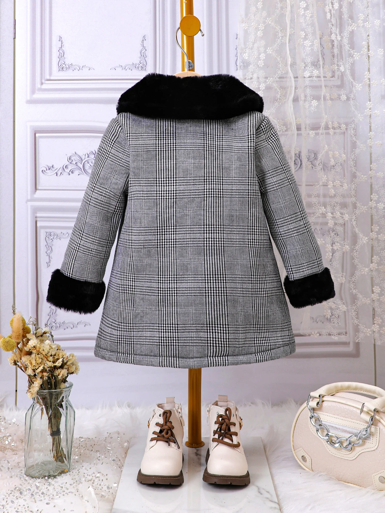 Girls Winter Coat Young Children Winter Plaid Fur Collar Thickened Plush Coat For Girls