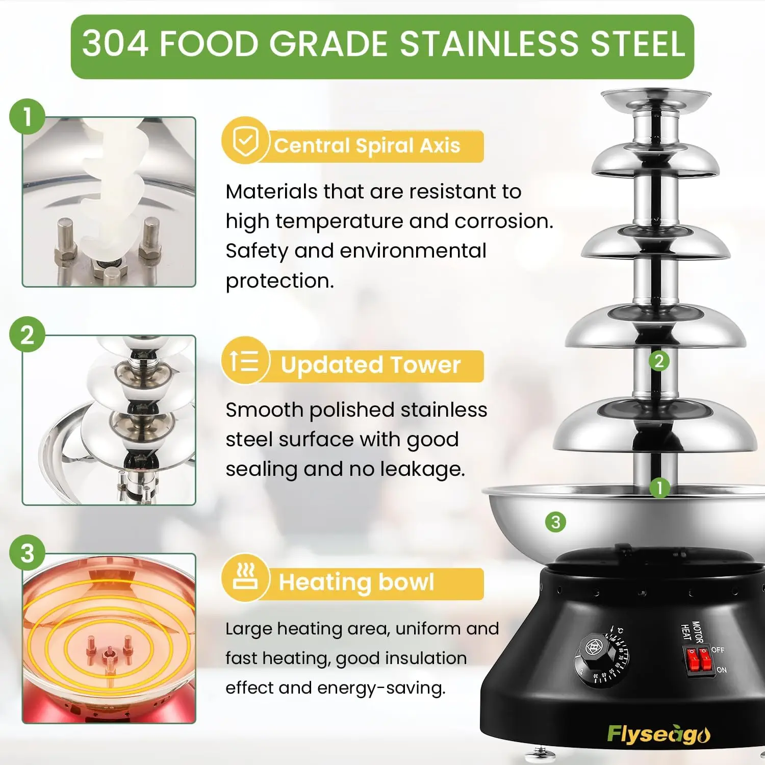 Fountain Commercial Hot Chocolate Fondue Tower 5 Tier 7-Pound Large Capacity Stainless Steel Chocolate Melting Heating