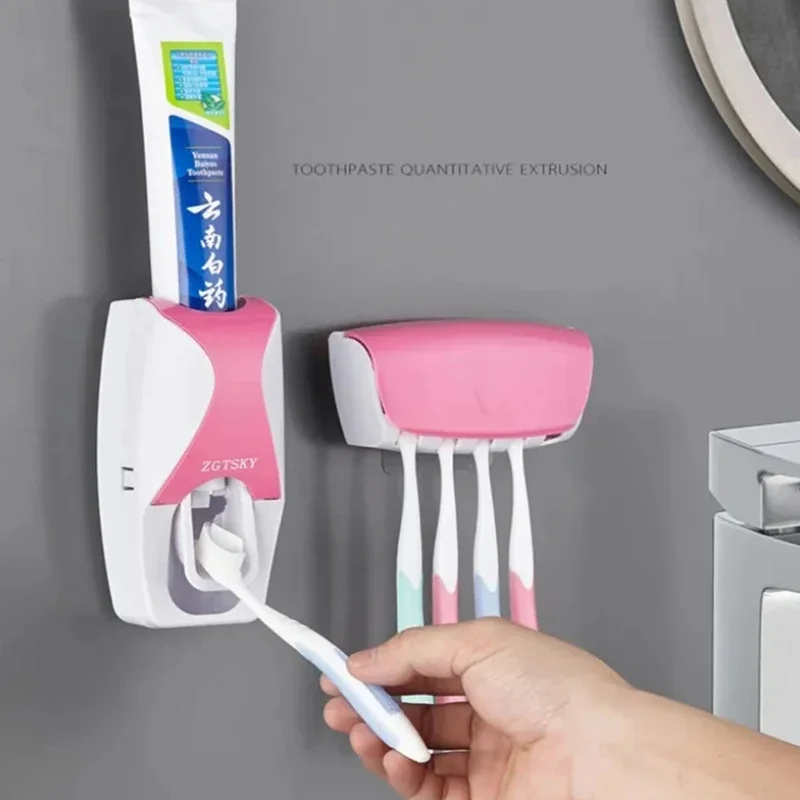 2PCS Automatic Toothpaste Dispenser Wall Mount Dust-proof Toothbrush Holder Wall Mount Bathroom Accessories Set Squeezer