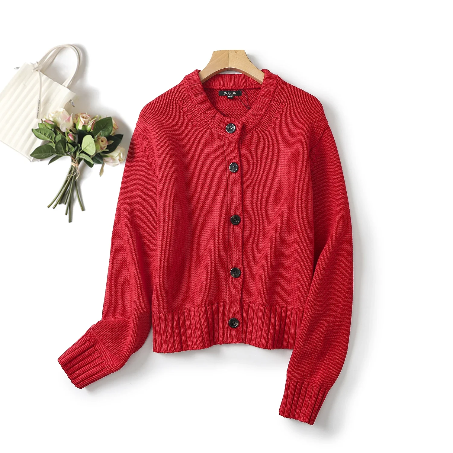 

Ethereal MD 2024 new style of Women's casual red buttoned short crew-neck knitted cardigan jacket