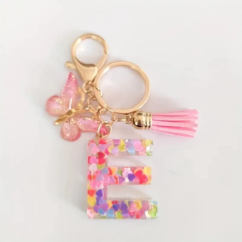 26 Letter Keychain Pink Glitter Resin Butterfly Tassel Decoration Car Key DIY Keychain Pendant Keychain Kawaii Lanyard  Love 5