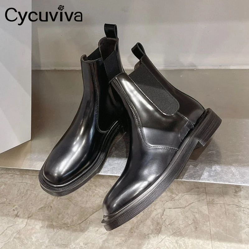 

2023 Quality Leather Ankle Chelsea Boots For Women Round Toe Square Heel Short Boots Autumn Casual Shoes Platform Botas Mujer