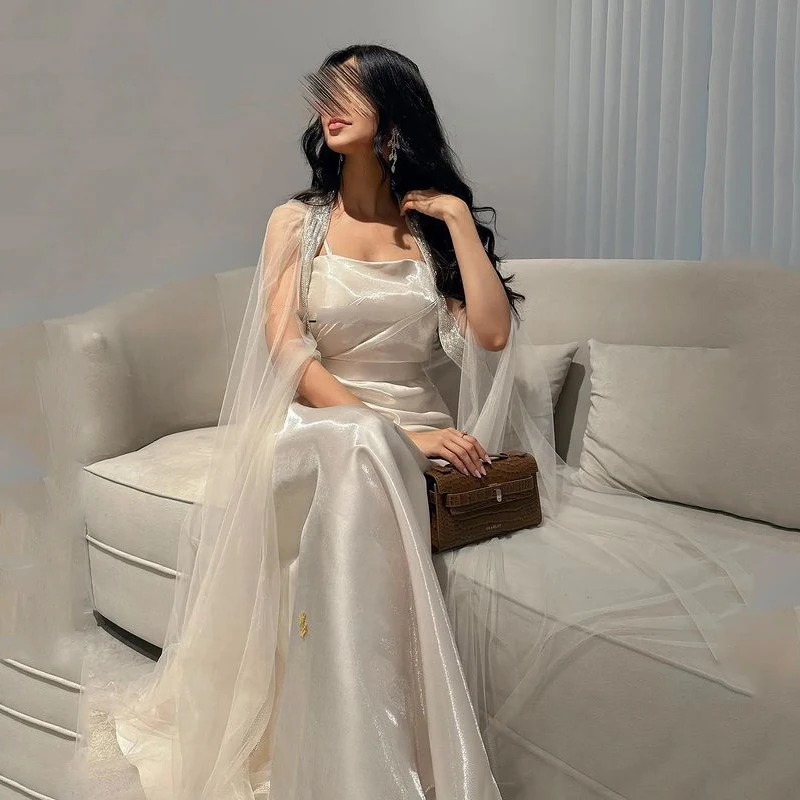 

Satin Mermaid Vestidos De Fiesta Sexy Strapless Trumpet Prom Dresses Tulle Shawl Party Dress Ivory Evening Dress